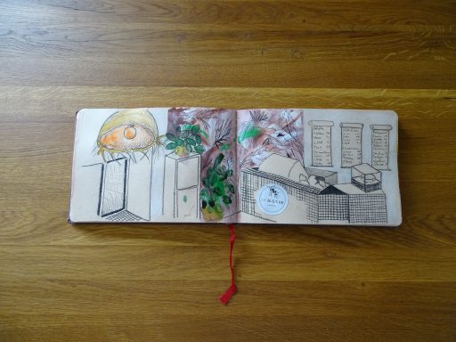 Aquarellzeichnung des Cafés "Die Bleiche in Mainz; Innenbereich mit Kuchen- und Eisthreke; brasilianisches Flair mit Fototapete