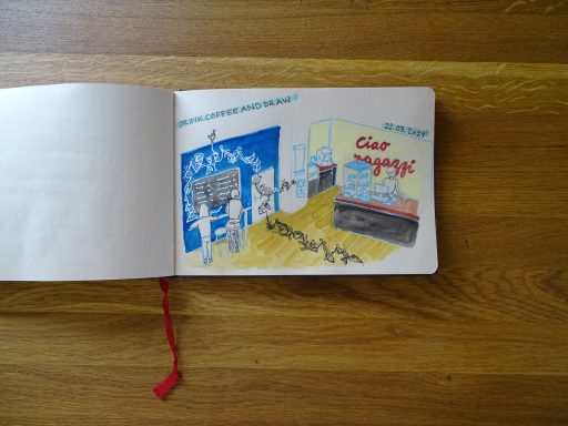 Aquarellzeichnung des Cafés Ciao Ragazzi in Mainz. Auf dem Boden unnd auf der Blauen Wand hat eiine Künstlerin ihre Eddingkunst hinzugefügt