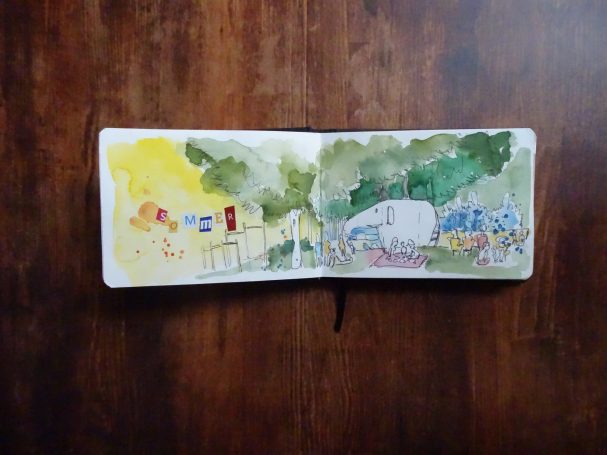 Bunte Aquarellzeichnung vom Goethepark in der Mainzer Neustadt