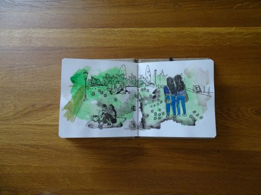 Aquarellzeichnung mit grünem Hintergrund. Darauf abgebildet sind Menschen beim Picknick im Park.