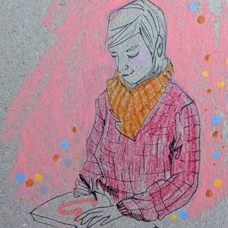 Selbstportrait der Künstlerin. Die Grafik zeigt eine junge Frau mit mittellangen, blonden Haaren. Sie stützt sich über einem Tisch und zeichnet mit der rechten Hand ein Herz auf ein Blatt Papier.