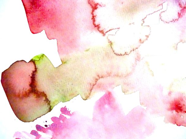 Abstrakte Kunst aus Aquarellfarben in Rosa und Grüntönen.