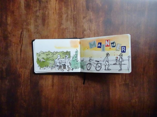 Bunte Aquarellzeichnung: Menschen im Sommer auf dem Gartenfeldplatz in MainzMainz