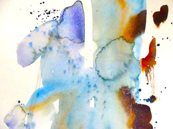 Abstrakte Kunst aus Aquarellfarben in Blau, Orange und Brauntönen
