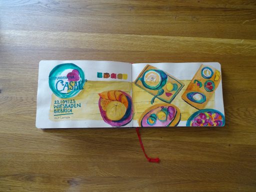 Aquarellzeichnung eines gedeckten Frühstücktischs in der Eismanufaktur Casali in Wiesbaden-Biebrich; verschiedene Platten mit Brot, Brötchen